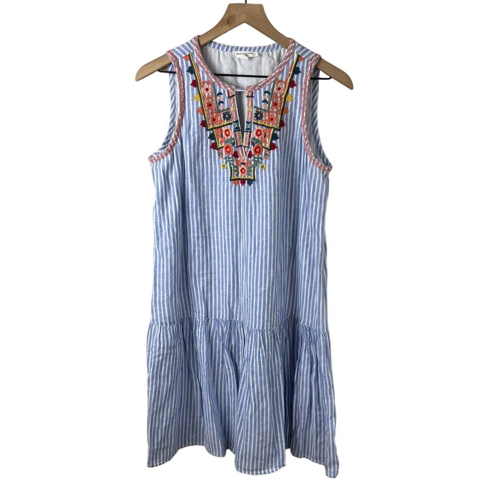 Beach Lunch Lounge Womens Blue White Striped Embroidered Linen Blend Dress Small